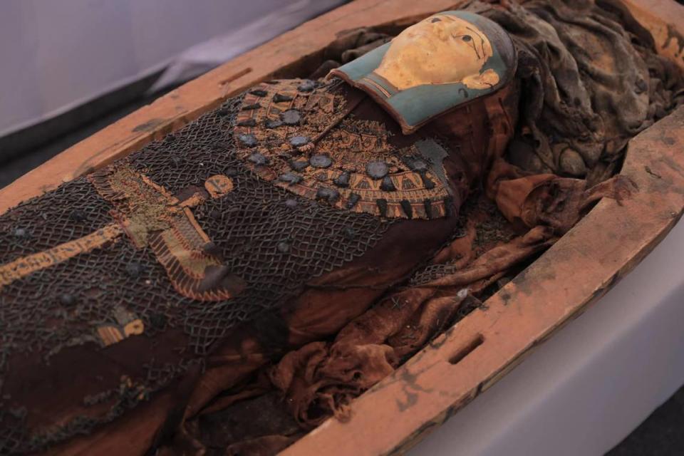Wooden sarcophagus with mummy inside