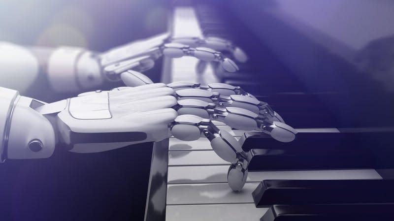 Artificial intelligence hands playing the piano. Technology of machine learning. 