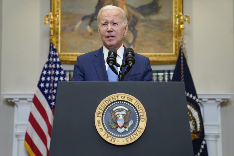 President Joe Biden speaks about the debt limit talks in the Roosevelt Room of the White House, Wednesday, May 17, 2023, in Washington. (AP Photo/Evan Vucci)