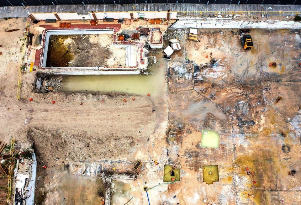 Aerial view of the pool and lower garage area photographed on June 3, 2022, at the site where the Champlain Towers South beachfront condominium collapsed.