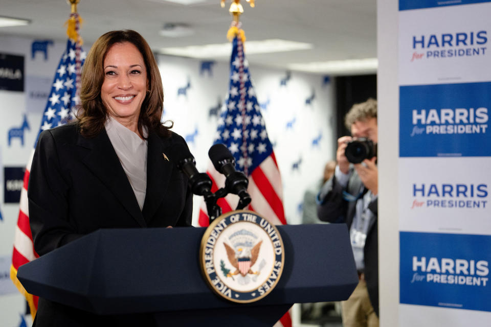 U.S. Vice President Kamala Harris speaks at her Presidential Campaign headquarters in Wilmington, DE, U.S.,  July 22, 2024.  Erin Schaff/Pool via REUTERS