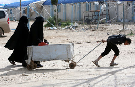 FILE PHOTO: FILE PHOTO: A boy pulls a cart at al-Hol displacement camp in Hasaka governorate, Syria, April 1, 2019. REUTERS/Ali Hashisho/File Photo/File Photo