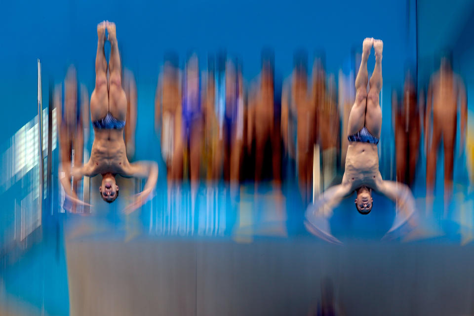 Kristian Ipsen and Troy Dumais of the United States practise for the Men's Synchronised 3m Springboard on Day 4 of the London 2012 Olympic Games at the Aquatics Centre on July 31, 2012 in London, England. (Photo by Adam Pretty/Getty Images)