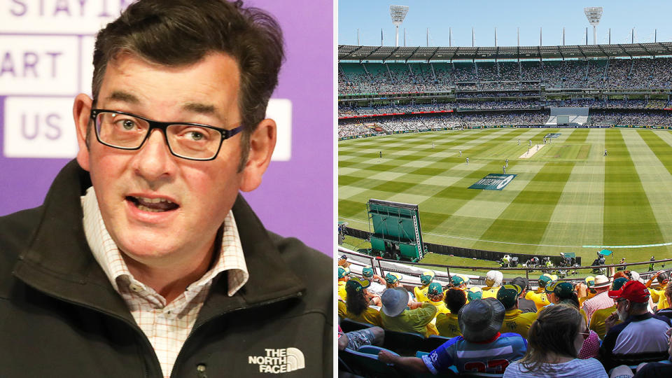 A 50-50 split image shows Victorian Premier Daniel Andrews on the left and a shot of the 2019 Boxing Day Test on the right.