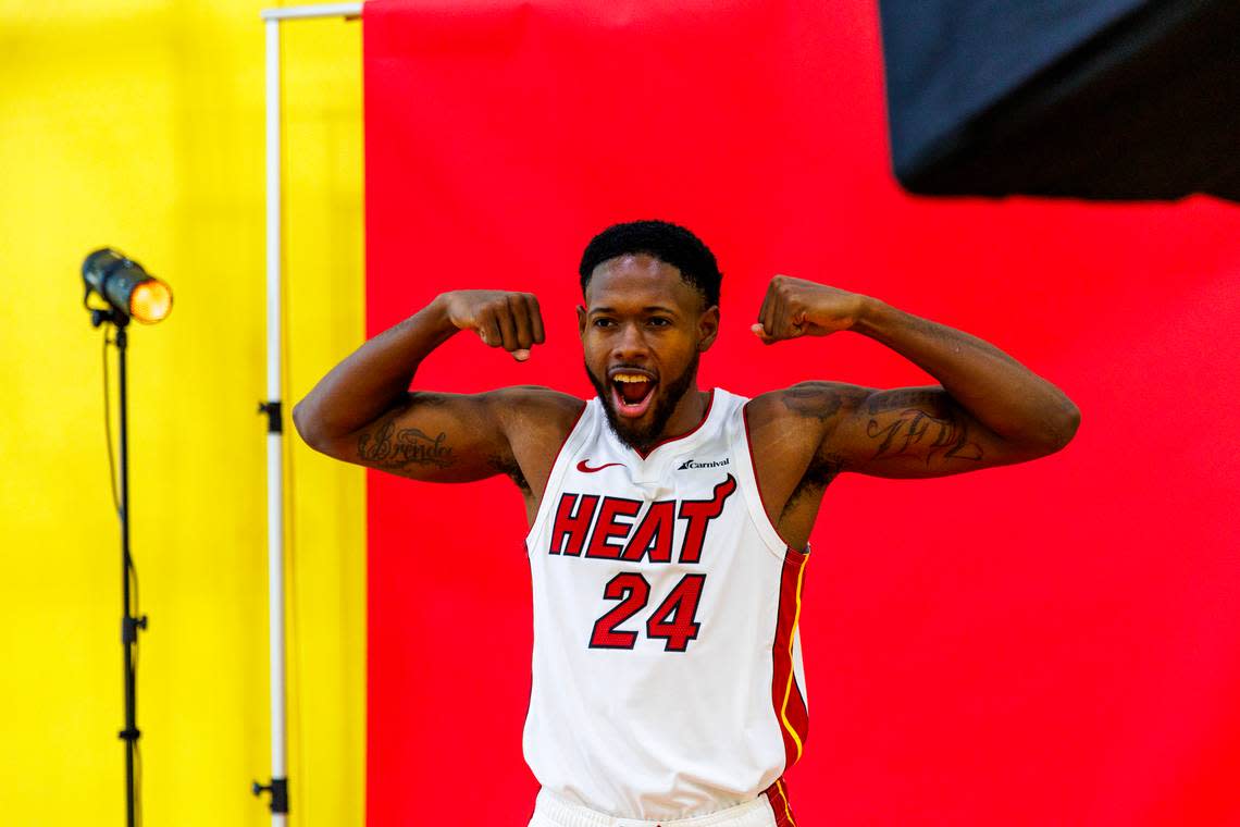 Miami Heat forward Haywood Highsmith (24) poses for portraits to Miami Herald photographer Matias J. Ocner during the NBA basketball team’s media day at the Kaseya Center on Monday, Oct. 2, 2023, in Miami, Florida.