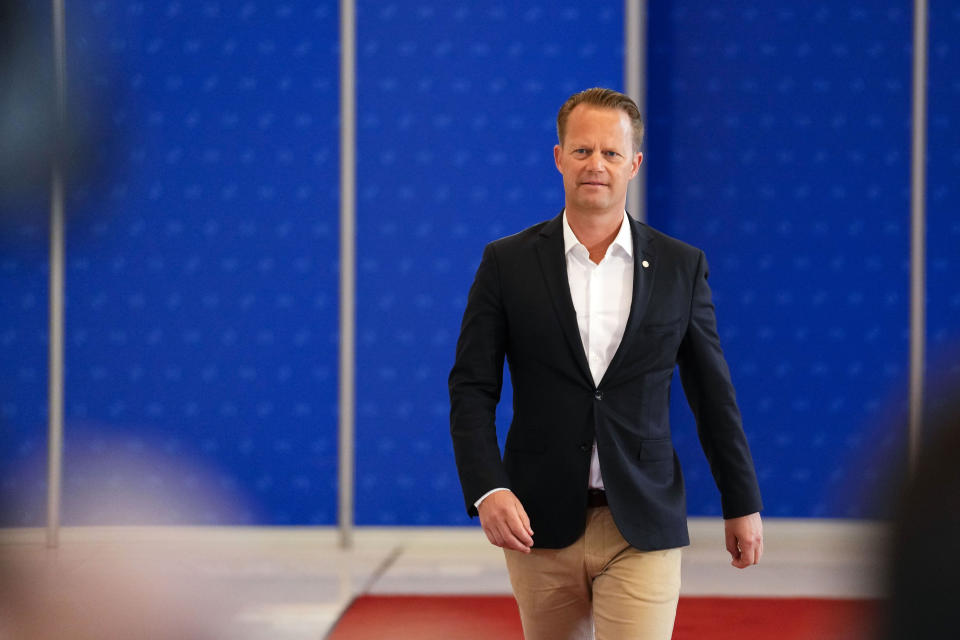 Denmark's Foreign Minister Jeppe Kofod arrives for a meeting of EU foreign ministers at the Prague Congress Center in Prague, Czech Republic, Wednesday, Aug. 31, 2022. (AP Photo/Petr David Josek)