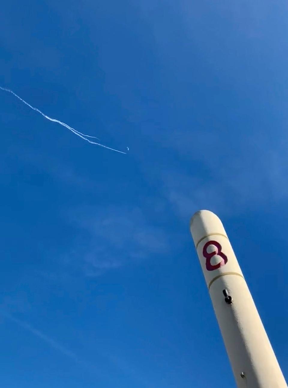 This photo provided by Jason Sellers shows U.S. Air Force fighter aircraft shooting down a suspected Chinese spy balloon off the Carolina coast on Saturday. (Jason Sellers via AP)