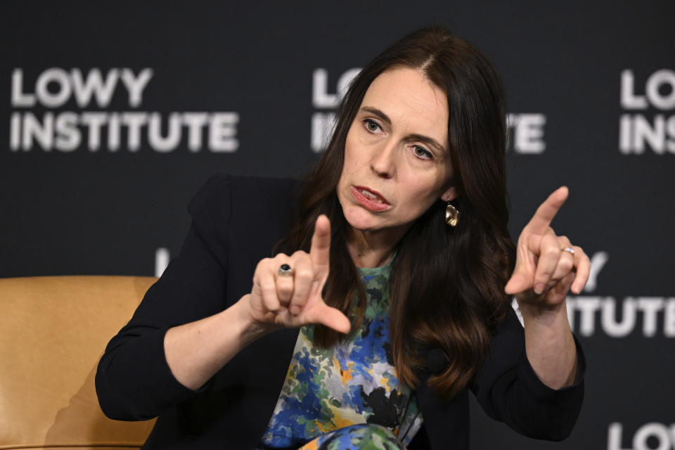 FILE - New Zealand's Prime Minister Jacinda Ardern gestures during an address at the Lowy Institute in Sydney, Australia, Thursday, July 7, 2022. Ardern, who was praised around the world for her handling of the nation’s worst mass shooting and the early stages of the coronavirus pandemic, said Thursday, Jan. 19, 2023, she was leaving office. (Dean Lewins/Pool Photo via AP, File)