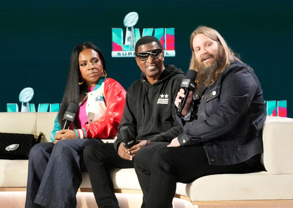 Pregame artists Sheryl Lee Ralph (from left), Babyface and Chris Stapleton participate in a conversation during a news conference in Phoenix on Feb. 9, 2023.