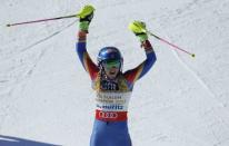 Alpine Skiing - FIS Alpine Skiing World Championships - Women's Slalom - St. Moritz, Switzerland - 18/2/17 - Mikaela Shiffrin of the USA reacts at the finish line. REUTERS/Ruben Sprich