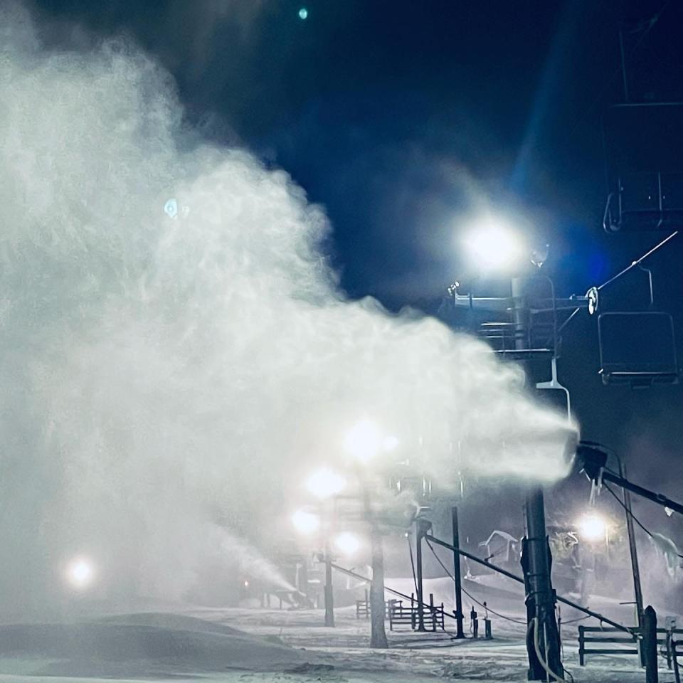 Snow guns blanket the slopes at Swiss Valley Ski & Snowboard Area in Jones this past weekend to prepare for opening.