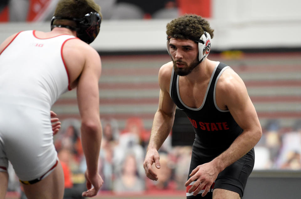 COLLEGE PARK, MD - JANUARY 31:  Sammy Sasso of the Ohio State Buckeyes wrestles against Hunter Baxter of the Maryland Terrapins at Xfinity Center on January 31, 2021 in College Park, Maryland.  (Photo by G Fiume/Maryland Terrapins/Getty Images)