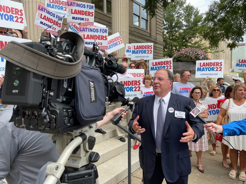 Steve Landers talks to reporters outside City Hall in Little Rock, Ark., after filing to run for mayor on Friday, July 29, 2022. Landers and two other candidates are challenging Mayor Frank Scott, the city's first popularly elected Black mayor in the upcoming November election (AP Photo/Andrew DeMillo)