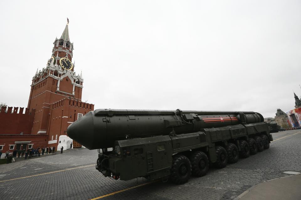 FILE - Russian Topol M intercontinental ballistic missile launcher rolls along Red Square during the Victory Day military parade to celebrate 72 years since the end of WWII and the defeat of Nazi Germany, in Moscow, Russia on May 9, 2017. Russian President Vladimir Putin's threats to use "all the means at our disposal" to defend his country as it wages war in Ukraine have cranked up global fears that he might use his nuclear arsenal, with the world's largest stockpile of warheads. (AP Photo/Alexander Zemlianichenko, File)