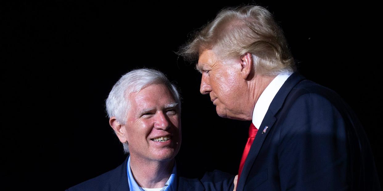 Republican Rep. Mo Brooks of Alabama, who's now running for Senate, with former President Donald Trump at a rally in Cullman, Alabama on August 21, 2021.