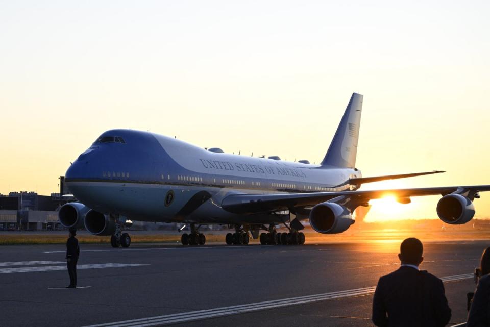 Air Force One is seen after landing at the Helsinki-Vantaan International airport in the evening sun in Helsinki, Finland prior to a US-Nordic Summit (Lehtikuva/AFP via Getty Images)
