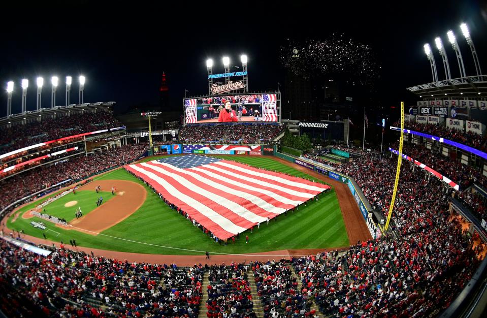 Oct 15, 2022; Cleveland, Ohio, USA; A general view of the field during the playing of the national anthem before game three of the NLDS for the 2022 MLB Playoffs at Progressive Field. Mandatory Credit: David Richard-USA TODAY Sports