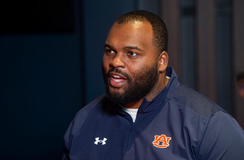 Auburn defensive line coach Jeremy Garrett is interviewed at the Woltosz Football Performance Center in Auburn, Ala., on Thursday, Feb. 1, 2023.