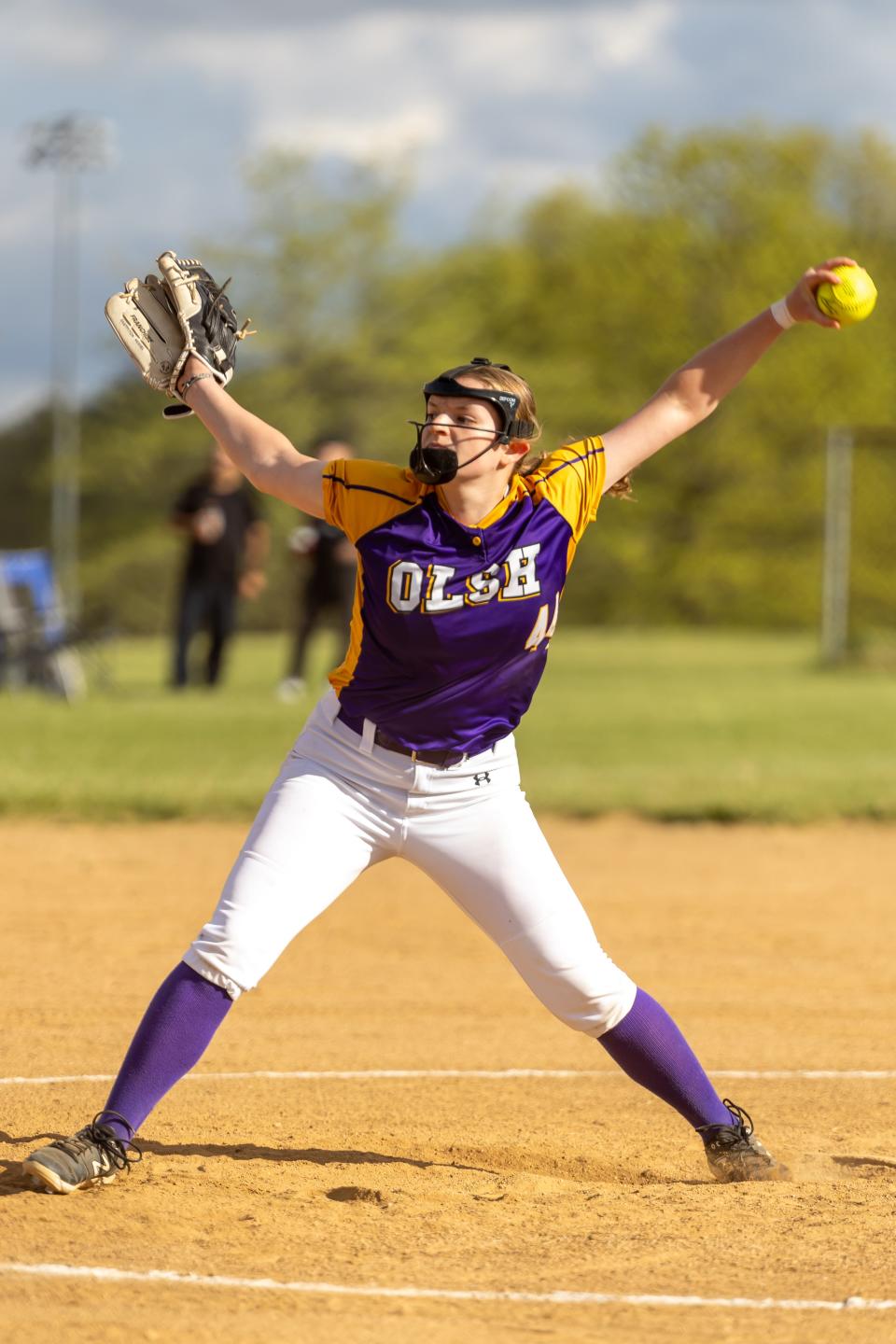 Lilli Wamsley (44) delivers a pitch during OLSH's WPIAL Class 2A Section Three matchup against Washington on April, 30.
