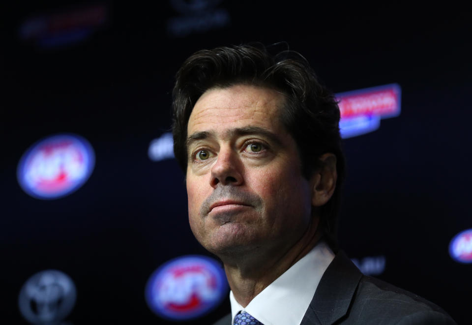 AFL CEO Gillon McLachlan faces a press conference.