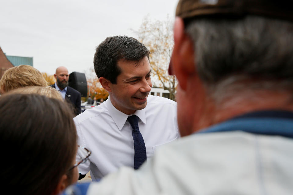 Democratic 2020 U.S. presidential candidate Mayor Pete Buttigieg shakes hands with potential voters at the end of a campaign rally in front of the State House after filing his declaration of candidacy papers to get his name on the ballot for the New Hampshire primary in Concord, New Hampshire, U.S. October 30, 2019.  REUTERS/Elizabeth Frantz