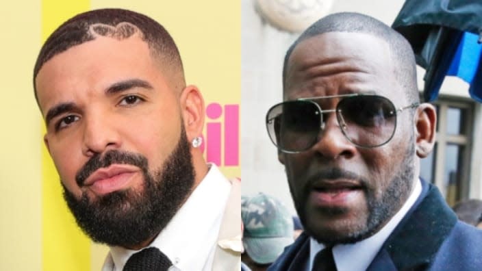 The longtime producer for Drake (left) explained in a lengthy Instagram comment why the Canadian superstar’s new album features a writing credit from disgraced R&B singer R. Kelly (right). (Photos by Rich Fury and Nuccio DiNuzzo/Getty Images)