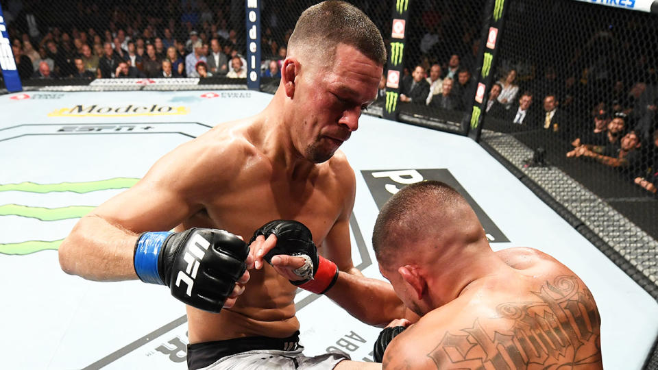 Nate Diaz, pictured kneeing opponent Anthony Pettis, has issued a challenge to Jorge Masvidal.