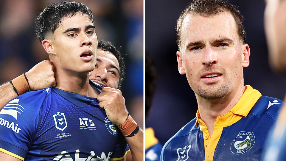 Parramatta coach Trent Barrett has fired back at the 'disrespectful' calls for youngster Blaize Talagi (pictured left) to be given the No.1 jersey instead of Clint Gutherson (pictured right). (Getty Images)