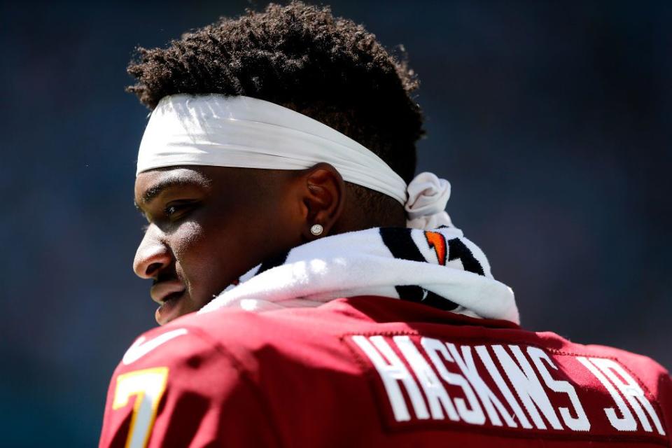 MIAMI, FLORIDA - OCTOBER 13:  Dwayne Haskins #7 of the Washington Redskins looks on against the Miami Dolphins during the second quarter at Hard Rock Stadium on October 13, 2019 in Miami, Florida. (Photo by Michael Reaves/Getty Images)