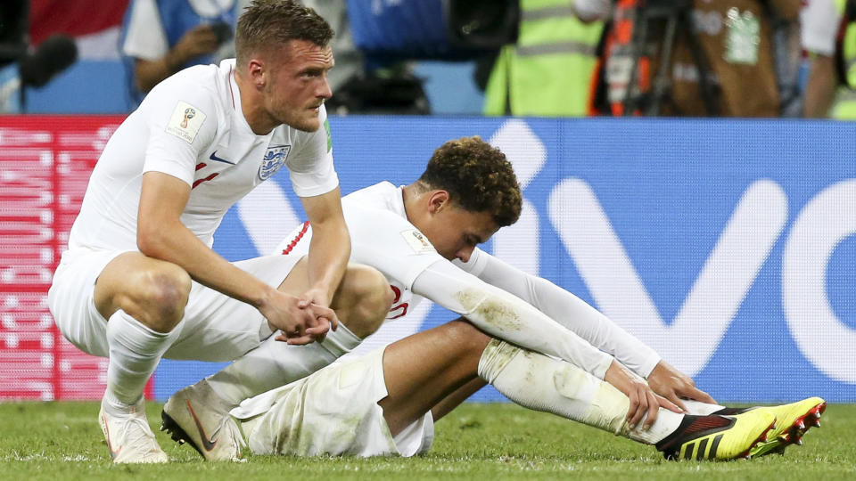 MOSCOW, RUSSIA – JULY 11: Jamie Vardy, Dele Alli of England following the 2018 FIFA World Cup Russia Semi Final match between England and Croatia at Luzhniki Stadium on July 11, 2018 in Moscow, Russia. (Photo by Jean Catuffe/Getty Images)