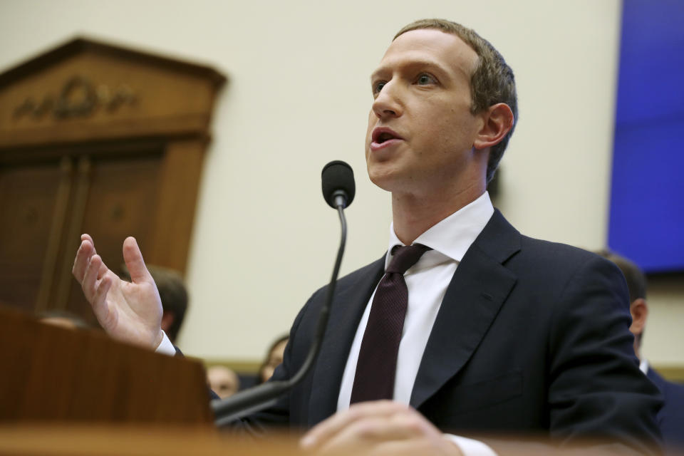 Facebook CEO Mark Zuckerberg testifies before a House Financial Services Committee hearing on Capitol Hill in Washington, Wednesday, Oct. 23, 2019, on Facebook's impact on the financial services and housing sectors. (AP Photo/Andrew Harnik)