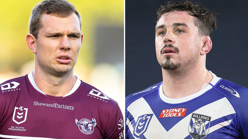 From left to right, Manly NRL star Tom Trbojevic and Canterbury's Reed Mahoney.