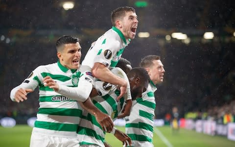 Celtic's Odsonne Edouard celebrates scoring the hosts' first on a good night in Europe  - Credit: PA