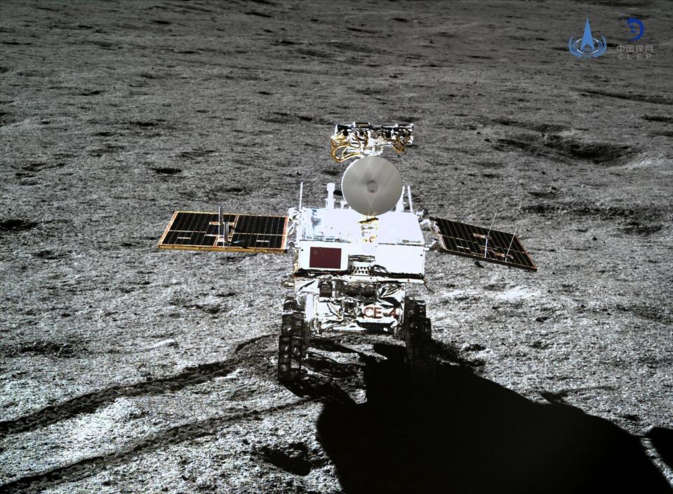 TOPSHOT - This picture released on January 11, 2019 by the China National Space Administration (CNSA) via CNS shows the Yutu-2 moon rover, taken by the Chang'e-4 lunar probe on the far side of the moon. - China will seek to establish an international lunar base one day, possibly using 3D printing technology to build facilities, the Chinese space agency said on January 14, weeks after landing the rover on the moon's far side. The agency said four more lunar missions are planned, confirming the launch of a probe by the end of the year to bring back samples from the moon. (Photo by - / China National Space Administration (CNSA) via CNS / AFP) / China OUT        (Photo credit should read -/AFP/Getty Images)