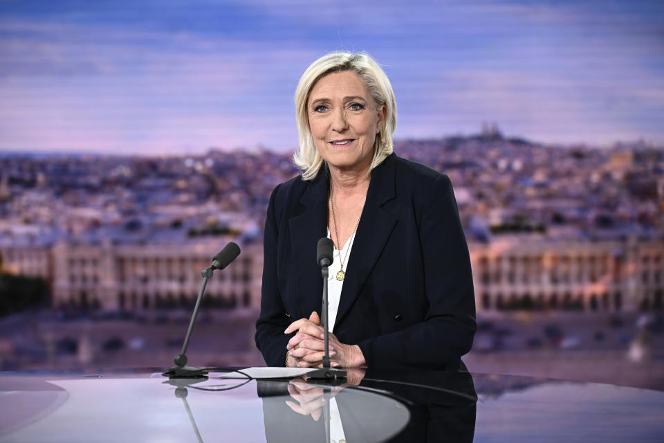 French far-right National Rally (RN) party leader Marine Le Pen speaks during an interview on French TV channel TF1, in Boulogne-Billancourt, outside Paris, Monday , June 10, 2024. President Emmanuel Macron dissolved the lower house of France's parliament in a surprise announcement sending voters back to the polls in the coming weeks to choose lawmakers, after his party was handed a humbling defeat by the far-right in the European elections Sunday. (Julien de Rosa, Pool via AP)