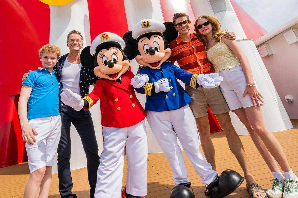 <p>Abigail Nilsson/Disney</p> Neil Patrick Harris, David Burtka and their twins Harper and Gideon on the Disney Wish