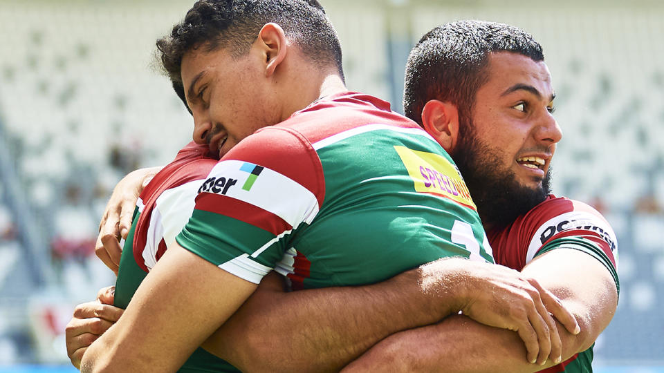 Lebanon players celebrate another unlikely upset at the Rugby World Cup 9s, this time over England. (Photo by Brett Hemmings/Getty Images)
