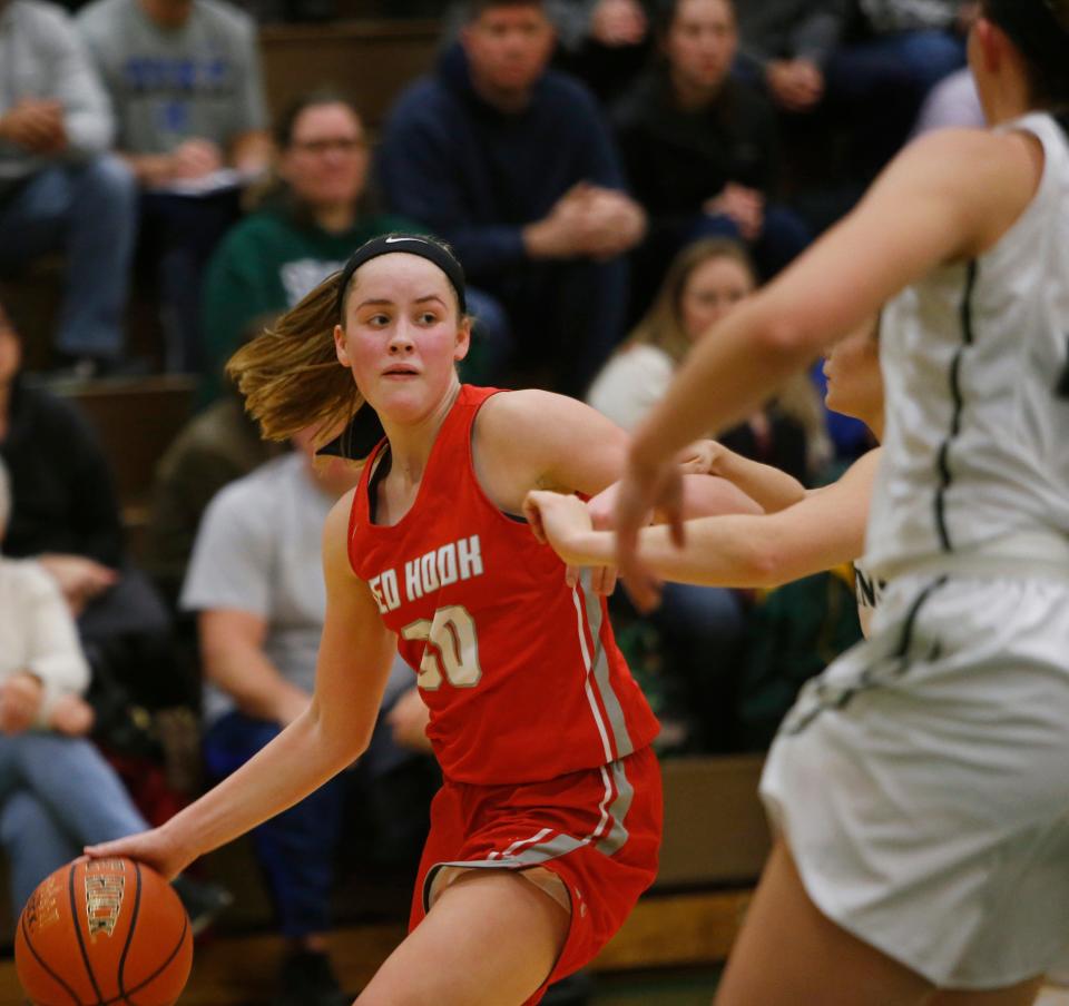 Red Hook's Morgan Tompkins controls the ball during a Dec. 3 girls basketball game against Spackenkill High School.