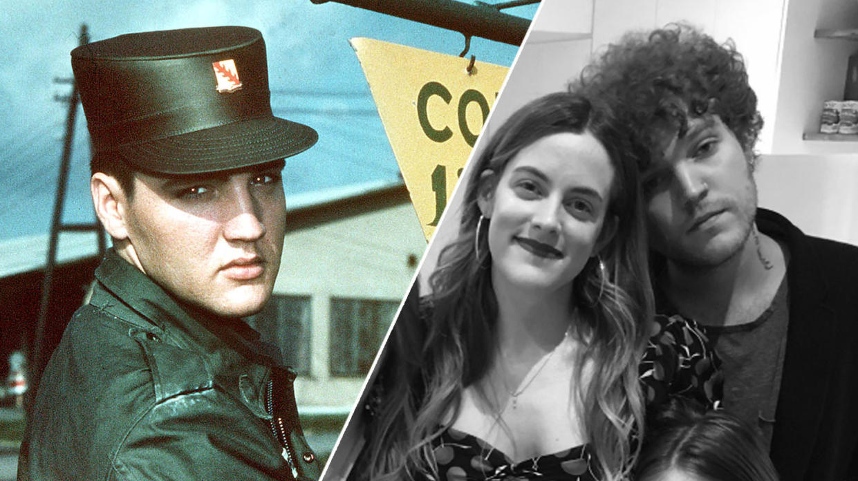 (L) Elvis Presley in Friedberg, Germany, where he spent 18 months between 1958 and 1960. (R) Riley and Benjamin Keough. (AP/Twitter)