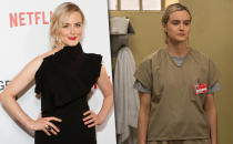 <p>It’s right there in black and white: Schilling cleans up real nice outside her tan prison outfit. The actress, whose Piper is based on the real-life Piper whose book of the same name chronicles her women’s prison experience, <a rel="nofollow noopener" href="http://www.vulture.com/2013/07/oitnbs-taylor-schilling-gets-skeeved-out-on-set.html" target="_blank" data-ylk="slk:admits that;elm:context_link;itc:0;sec:content-canvas" class="link ">admits that</a>, as many people have done with <i>OITNB</i>, she has binge-watched a TV show herself: She watched three seasons of <i>Downton Abbey</i> in a week. (Photo: Getty Images/Netflix) </p>