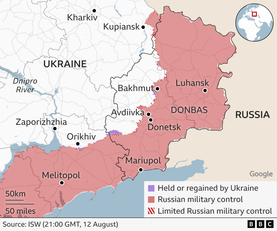 Map showing the front line in the east