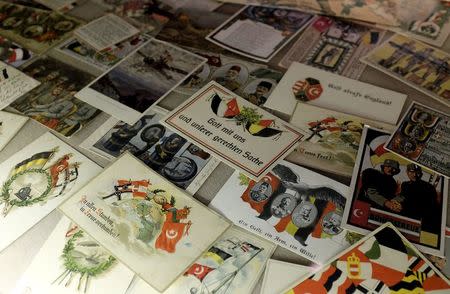 WWI postcards are displayed at an exhibition titled "Propaganda and War: The Allied Front During the First World War" in Istanbul March 17, 2015. REUTERS/Murad Sezer