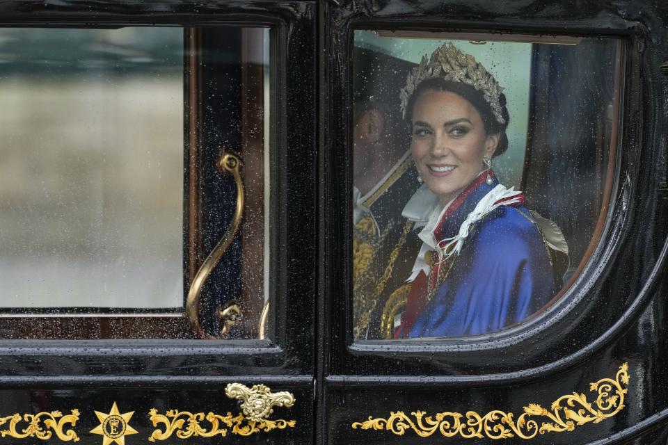 Kate, Princess of Wales, departs Westminster Abbey after King Charles III’s coronation ceremony in London.