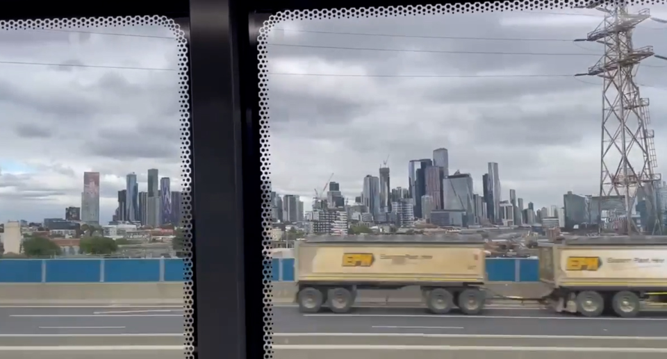 A photograph of Melbourne from a bus.