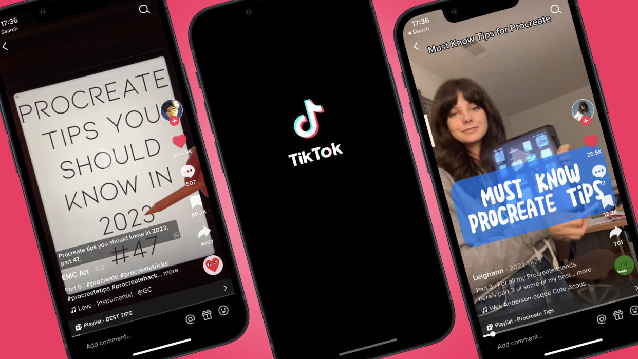  Three phones, two showing screengrabs of TikTok art tip videos and one showing the TikTok startup scteen 