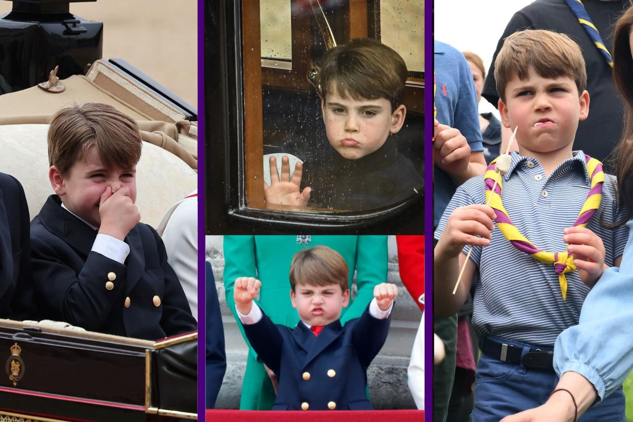  Prince Louis collage of photos, him holding his nose, pouting, arms stretched out and stuffing his face with marshmallows. 