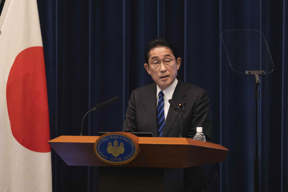 Japanese Prime Minister Fumio Kishida speaks during his press conference in Tokyo Friday, Feb. 24, 2023. Kishida said Friday he plans to present to other Group of Seven countries a set of "new ideas" for sanctions against Russia over its war on Ukraine when he hosts an online G-7 summit to mark the one-year anniversary of the start of the invasion. (Stanislav Kogiku/Pool Photo via AP)