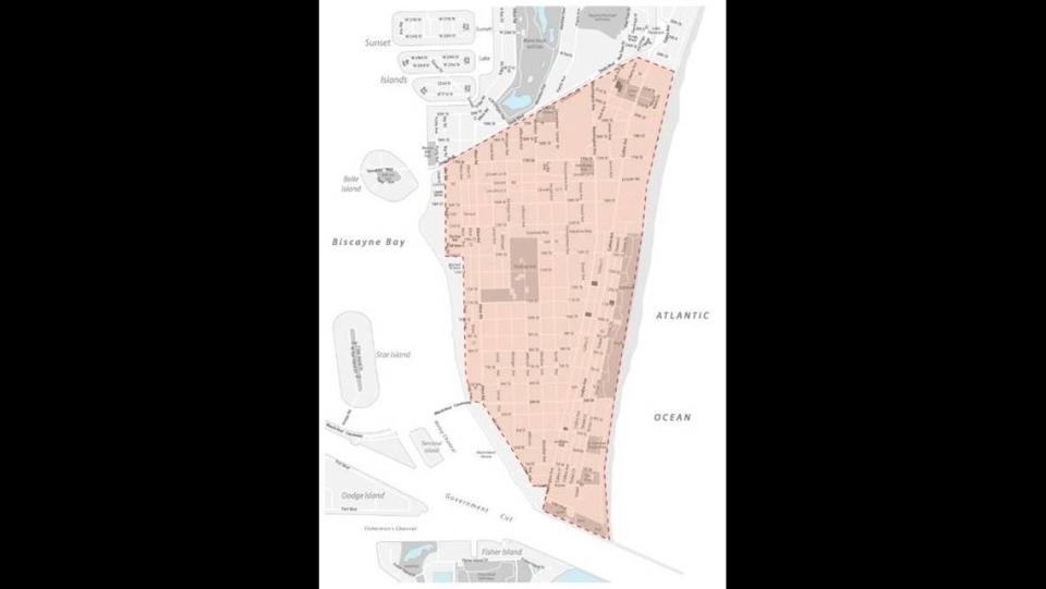 A map shows the area south of 23rd Street in Miami Beach where a midnight spring break curfew will take effect Friday night.