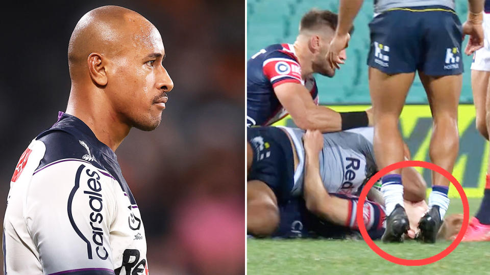 Pictured right, Storm forward Felise Kaufusi's forearm strikes Roosters playmaker Sam Walker's head.