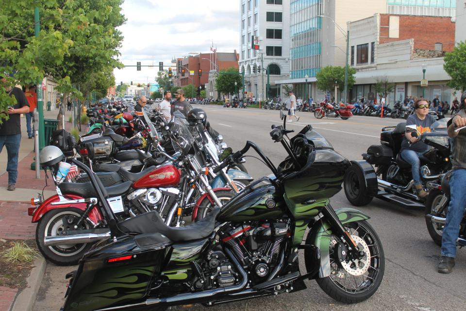 Motorcycles were parked along Garrison Avenue for the 2022 Steel Horse Rally Friday,